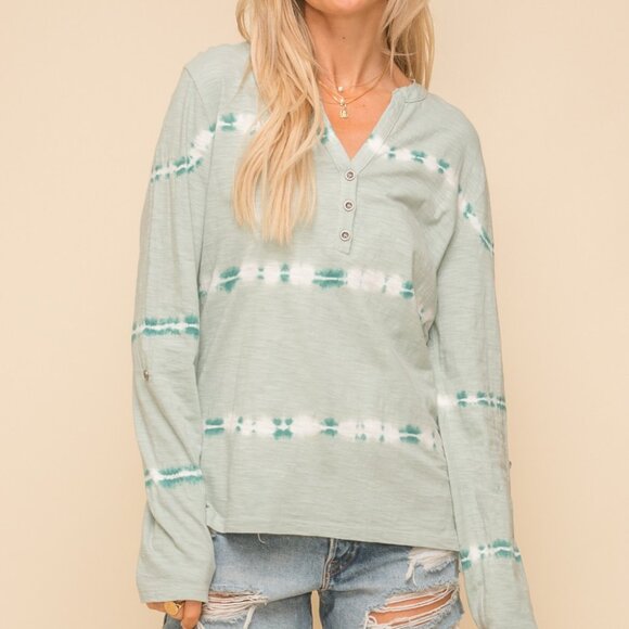 HEM & THREAD Seafoam Drift Tie-Dye Button Henley Top | Long Sleeve Lightweight - Picture 1 of 6